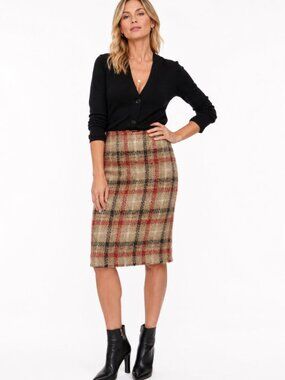 TALBOTS PLAID SKIRT WOOL BOUCLE TAN/RED/BLACK Size 6
